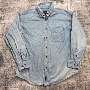 Woolrich Shirt Mens Large Blue Denim Jean Button Up Faded Distressed Pocket 90s